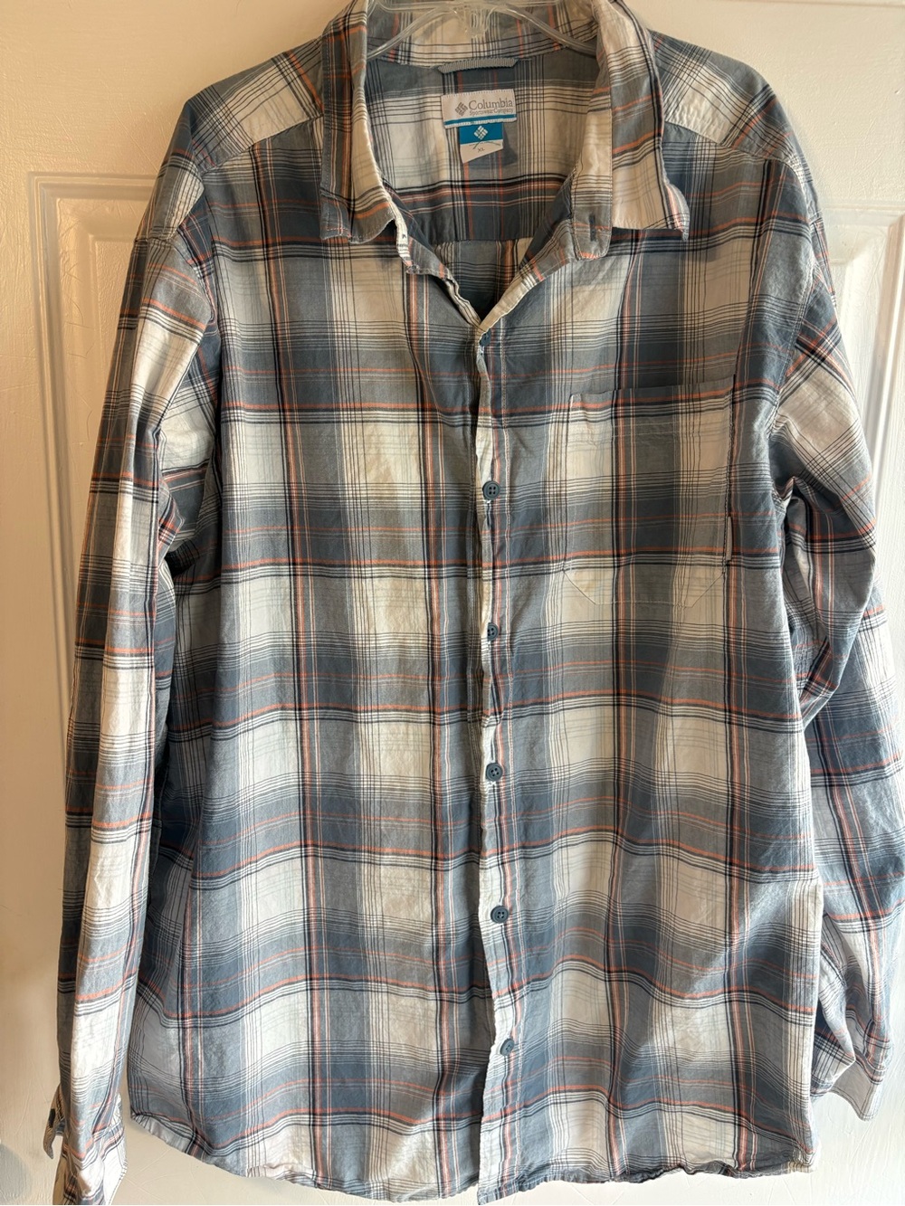 Columbia Men's Blue and White Plaid Button-Down Shirt with Orange Accents